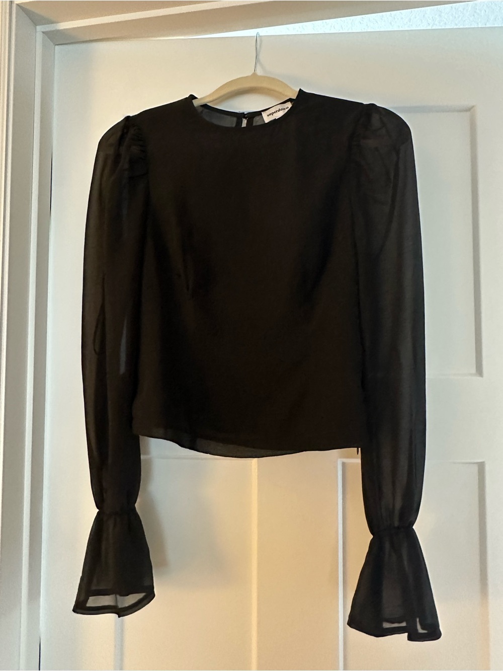 superdown Black Sheer Long-Sleeve Blouse with Flounce Cuffs